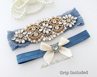 Wedding garter with gold accent - handmade bridal garter for weddings - Available on white, ivory, navy blue and antique/vintage blue lace