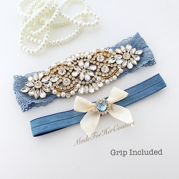 Wedding garter with gold accent - handmade bridal garter for weddings - Available on white, ivory, navy blue and antique/vintage blue lace