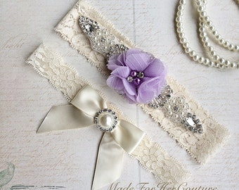 Lavender Wedding Garte-Stretch Lace Garter-Bridal Garter-Lace Garter Flower Garter-Keepsake Garter-Ivory Lace Garter, Purple Bridal Garter