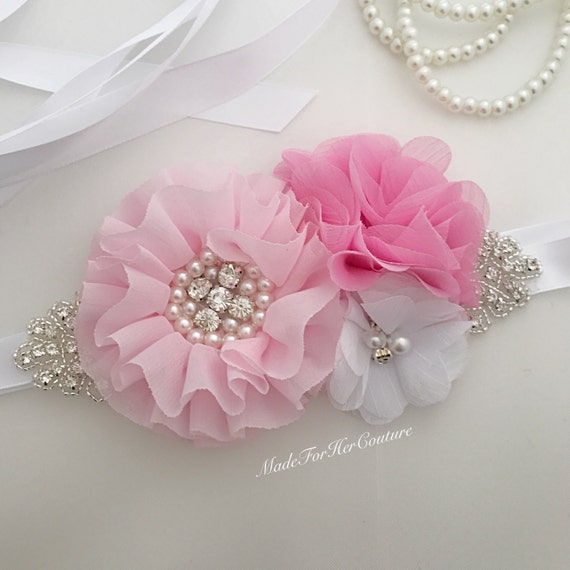 Pink bridal bridesmaid flower girl sash pink white wedding | Etsy
