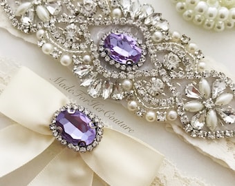 Purple Wedding Garter Set: Rhinestone & Pearl Keepsake, Toss Garter