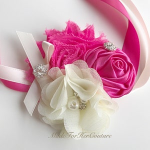 Hot Pink Corsages, Wrist Flower, Wrist Corsage, Wedding Corsage, pink ivory Corsage, Prom Corsage, Wedding Wrist Band, Wedding corsage, image 2