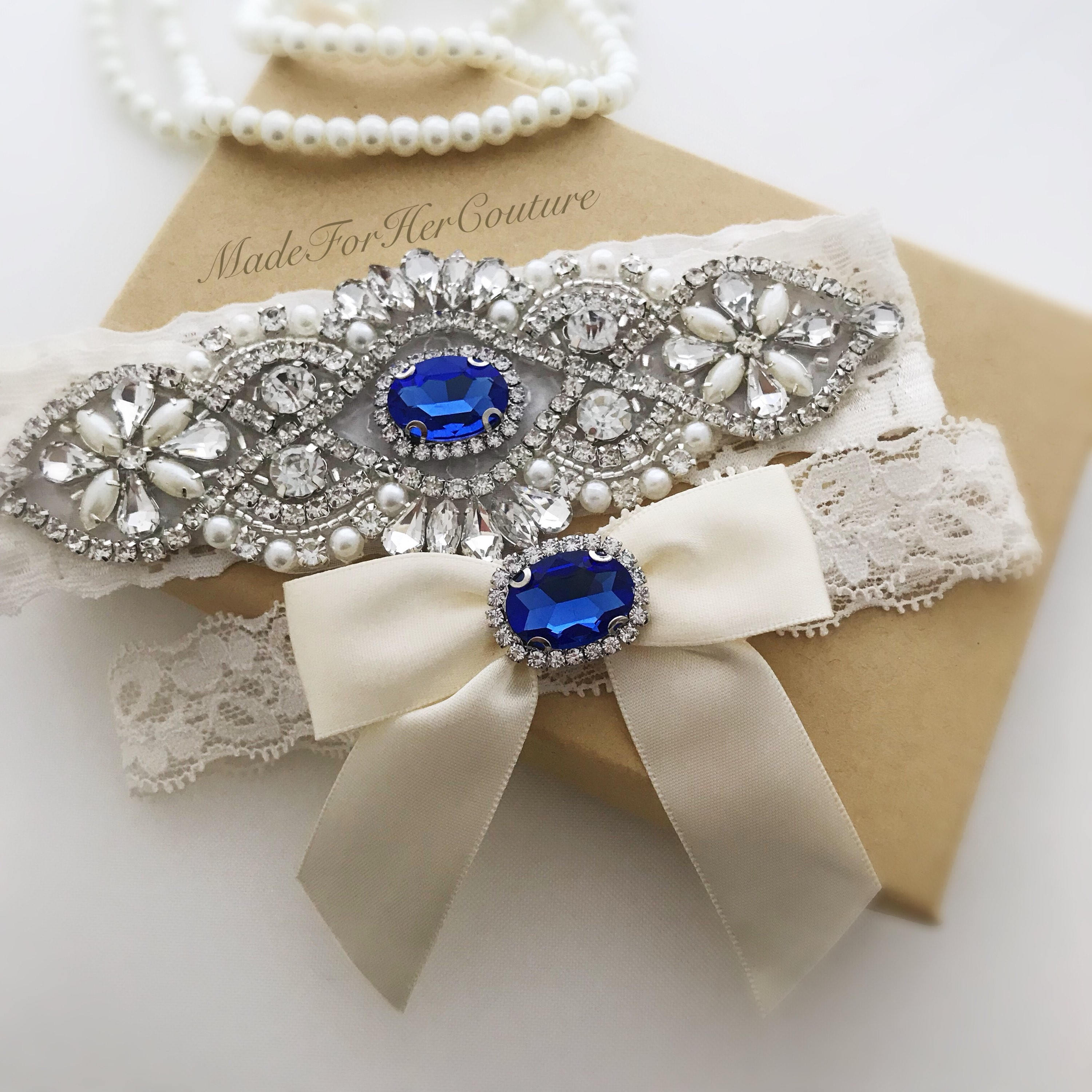 Ivory Lace Wedding Garter Set: Rhinestone Something Blue Bridal Garter