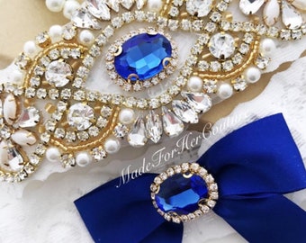 Gold & Blue Garters for Wedding - Bridal Garter Set - Wedding Garter Set - Something Blue