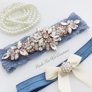 garters for wedding, wedding garter, rose gold garter, antique blue garter, garter set, bridal garter, wedding garter set, blue garters image 2