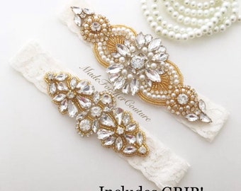 Gold Garter Set For Wedding / Brides - Vintage Gold Garter Set - Perfect Gift For Bride To Be