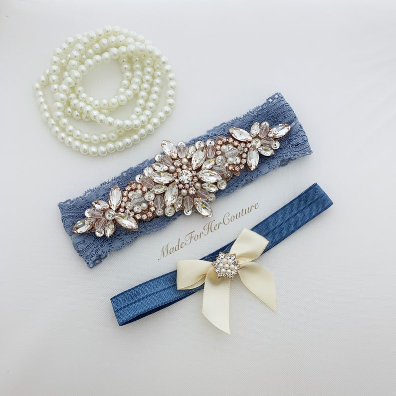 garters for wedding, wedding garter, rose gold garter, antique blue garter, garter set, bridal garter, wedding garter set, blue garters image 3