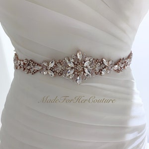 Rose Gold Rhinestone Wedding Belt: Bridal Dress Sash with Pearls