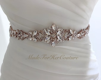 MadeForHerCouture - Wedding Belt Rose Gold, Wedding Dress Belt, Bridal Belt, Crystal Belt, Thin Bridal Sash, Bridesmaid Belt,