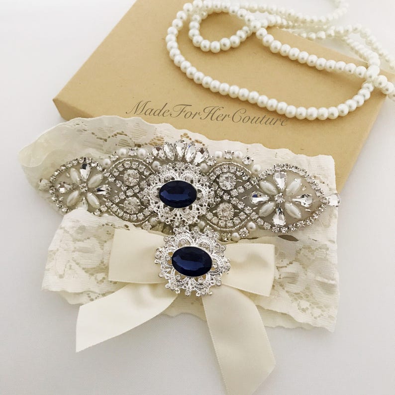 Chic Navy Wedding Garter Set for Bride Something Blue Bridal Accessories image 2