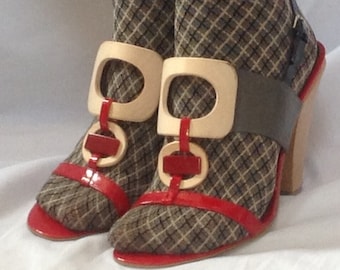 4" wooden heel sandals and red, gray and black patent leather/NINE WEST/vintage 1990/Size 7M