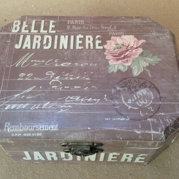 Boîte coffret en bois peint illustré "Belle Jardinière Paris" usée Shabby Chic