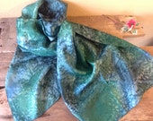 Rolland FORGUES pure silk scarf unisex vintage Japanese technique green camaïeu wide format 70 quot x18 quot
