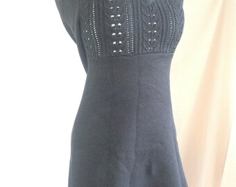 Vintage 1995 Faux Knit Dress, Crochet Fitted Bodice, 3/4 Sleeve Flared Skirt, SZ M/M