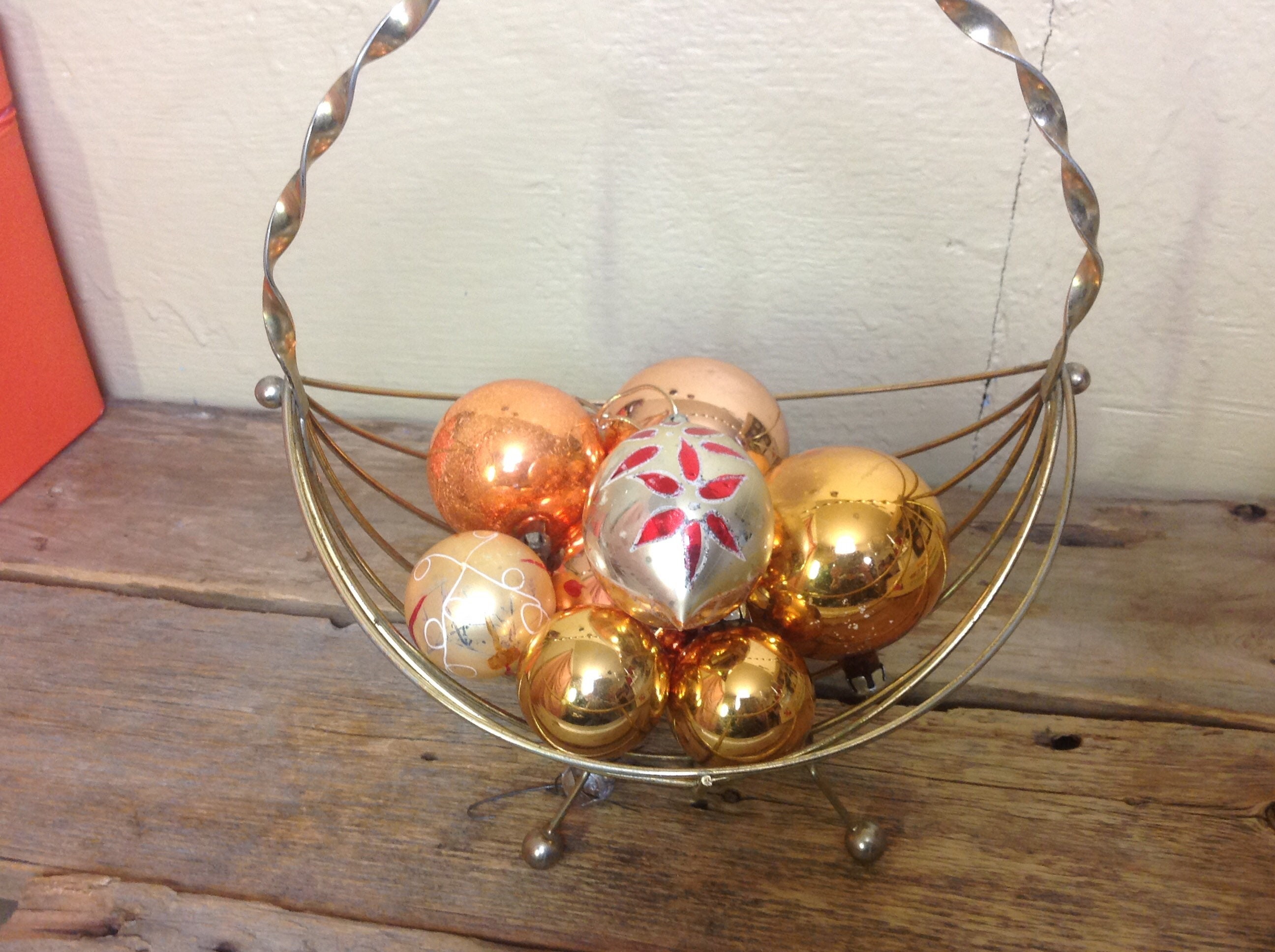 Christmas ornaments, set of 8 copper-colored blown glass balls, various sizes, vintage 1950-60
