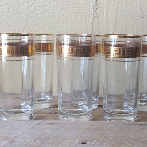 8 oz Wassergläser mit goldenem griechischen Schlüsselmuster, Reims, Frankreich, Vintage 1960er Jahre