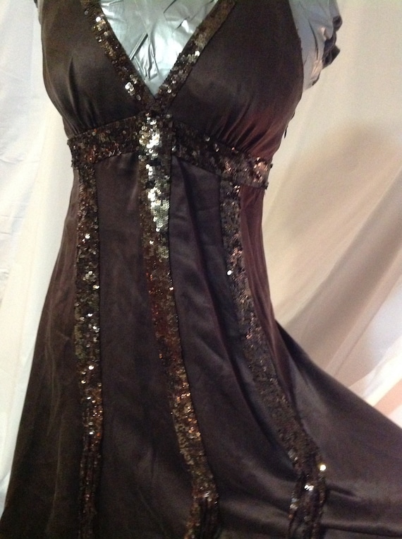 BCBG Maxazria® Women's Silk and Sequin Cocktail Dress/vintage 1990/size 12/halter  Dress/chocolate Color/open Back/neck Tie