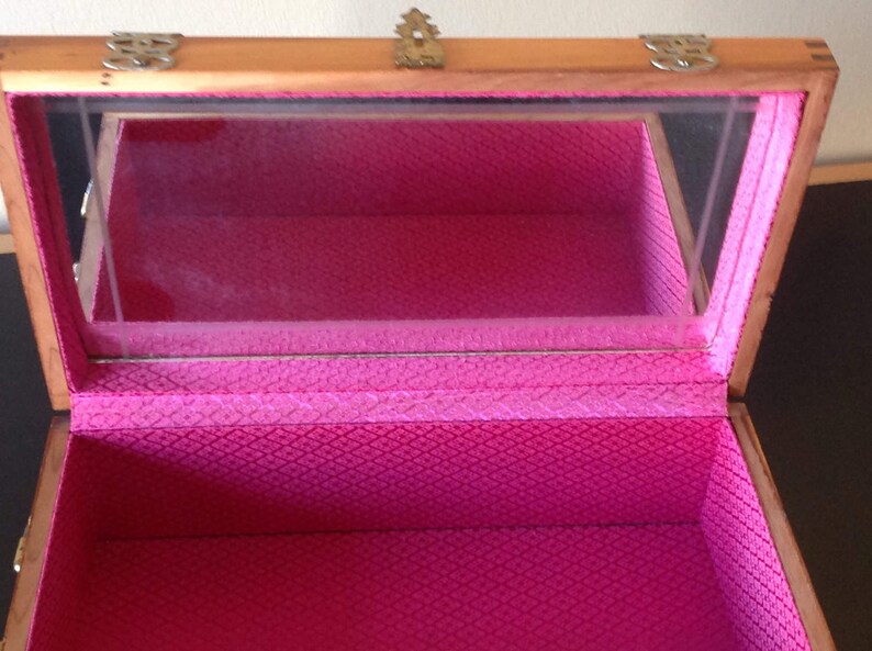 BoxCabinetwooden jewelry boxvintage 1940Interior rose fabric and beveled mirrorMaple brassMaplewood brass