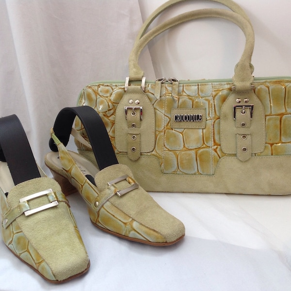 Vintage CROCODILE handbag 1960s-70s in crocodile finished leather and pistachio green suede, handmade in Italy