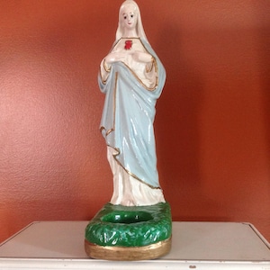 Plaster statue of the Virgin Mary holy water font, vintage 1930s