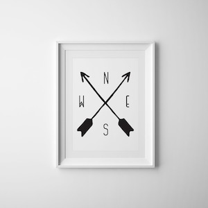 Kompas Print, noordoosten Zuid-west, pijl kompas, kompas muur kunst, hand getekende kompas