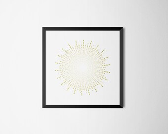 Puede incluir: Una impresión enmarcada en negro con fondo blanco y un diseño de sol dorado.