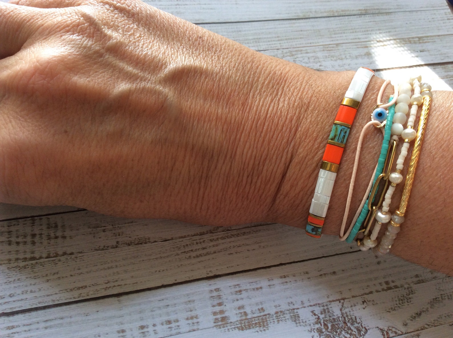Bracelet Ajustable Perles Miyuki Tila - Blanc, Turquoise Et Doré, Fait Main, Style Bohème