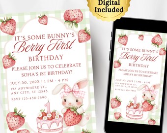 Some Bunny's Berry First Birthday Invite, Berry First Spring Birthday Party Invitation, Printable, Editable, Berry 1st Birthday Ideas FB3
