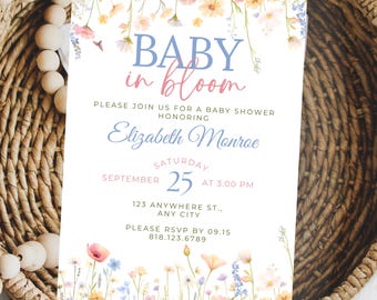 Baby in Bloom Baby Shower Floral Invitation, Wildflower Baby Sprinkle Invite, Spring Flowers Theme, Editable Instant Download