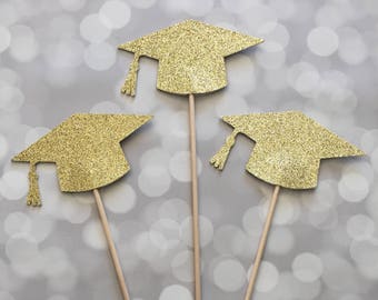 Graduation Cap Centerpiece Picks, Graduation Decorations, Glitter Grad Hats, Graduation Decor, Graduation Centerpiece Sticks (Set of 3)