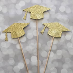 Graduation Cap Centerpiece Picks, Graduation Decorations, Glitter Grad Hats, Graduation Decor, Graduation Centerpiece Sticks (Set of 3)