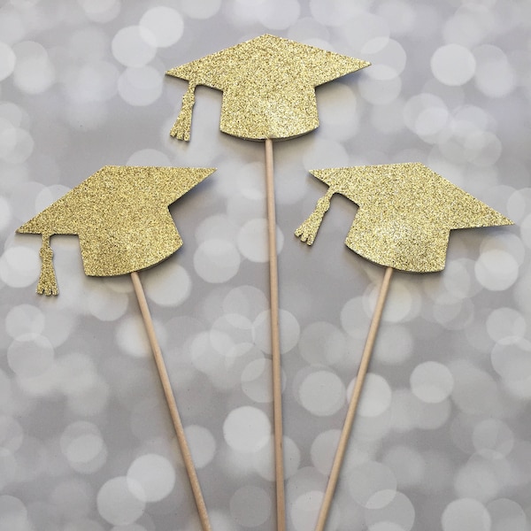 Graduation Cap Centerpiece Picks, Graduation Decorations, Glitter Grad Hats, Graduation Decor, Graduation Centerpiece Sticks (Set of 3)