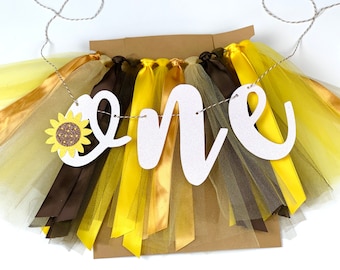 Our Little Sunflower is Turning One High Chair Tutu Skirt Banner, Fall Birthday Banner, Smash Cake Garland, 1st Birthday Photo Backdrop