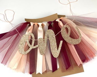 Burgundy, Peach and Ivory One High Chair Tutu Skirt Banner, Fall Birthday Banner, Smash Cake Garland, 1st Birthday Photo Backdrop