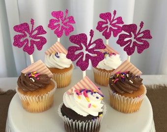 Hawaiian Cupcake Toppers, Luau Cupcakes, Hawaii Birthday, Tropical Cupcakes, Hawaiian Flower, Hawaii Theme, Baby Shower Cupcakes, Hibiscus