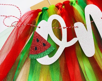 One In A Melon Watermelon Theme First Birthday High Chair Banner. Tutu Skirt. Smash Cake Photo Prop Backdrop. Red Melon One Banner. RD