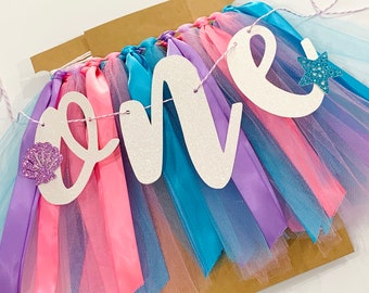 Mermaid High Chair Banner, Under the Sea Birthday Banner, Mermaid 1st Birthday Smash Cake. Photo Backdrop, One Banner BGM