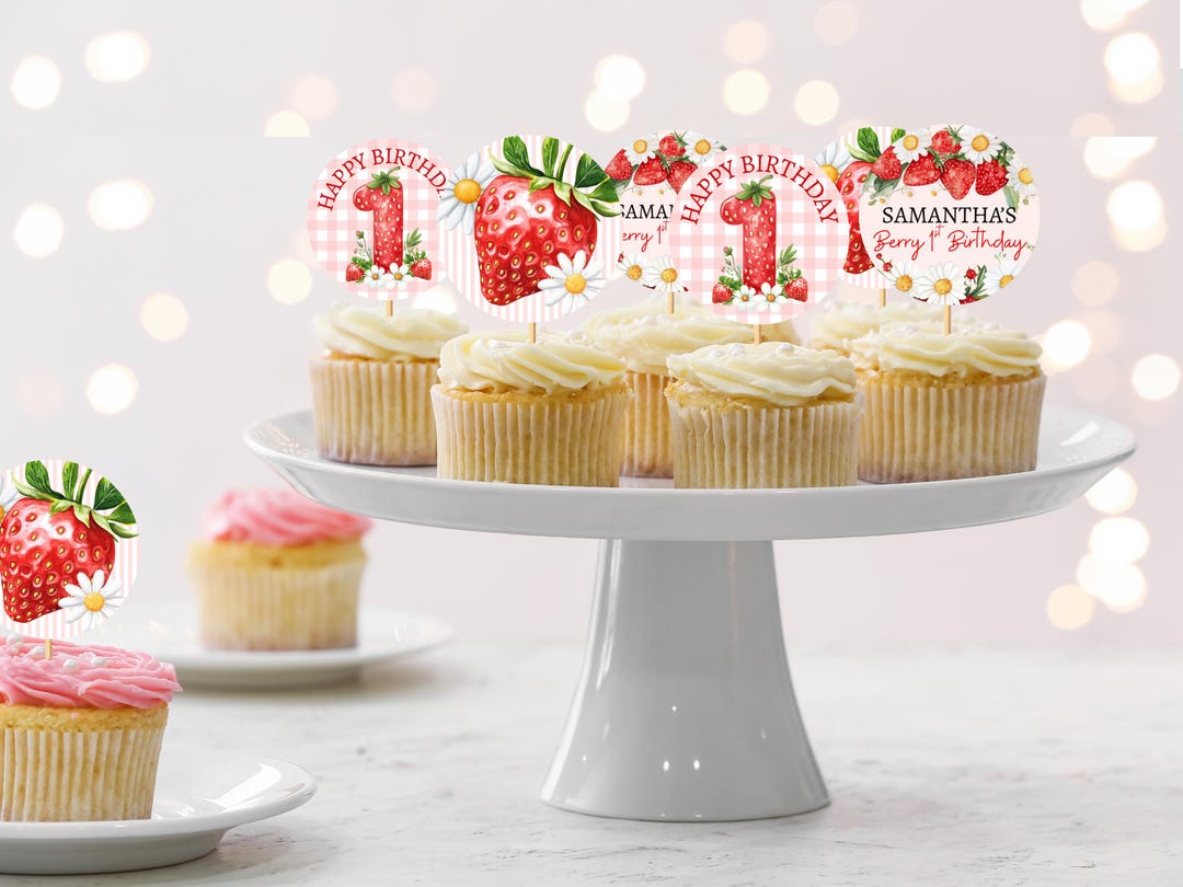 Strawberry Theme Berry First Birthday Cupcake Toppers, 1st Year Party ...