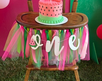 One In A Melon Watermelon Theme First Birthday High Chair Banner. Tutu Skirt. Smash Cake Photo Prop Backdrop. One Banner.