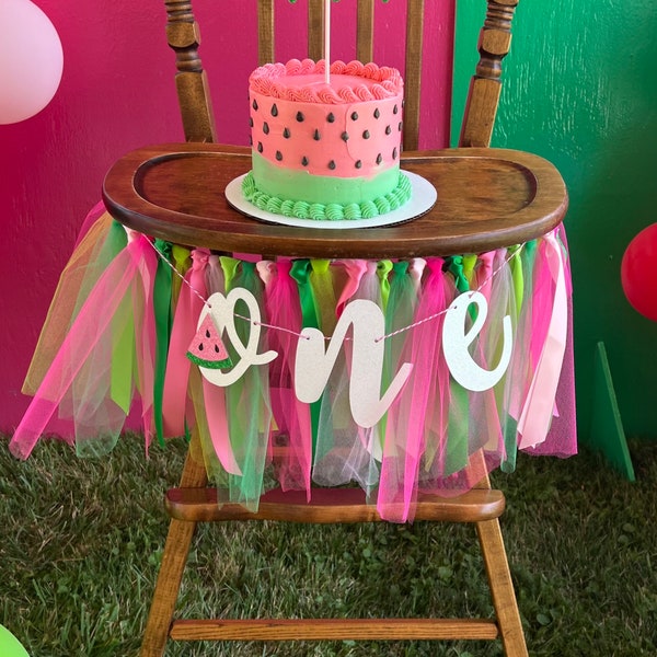 One In A Melon Watermelon Theme First Birthday High Chair Banner. Tutu Skirt. Smash Cake Photo Prop Backdrop. One Banner.