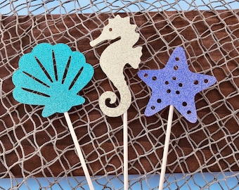 Under the Sea Centerpiece sticks, Mermaid Theme Baby Shower or Birthday Party Table Decorations, Starfish, Seahorse, Mermaid Party(Set of 3)