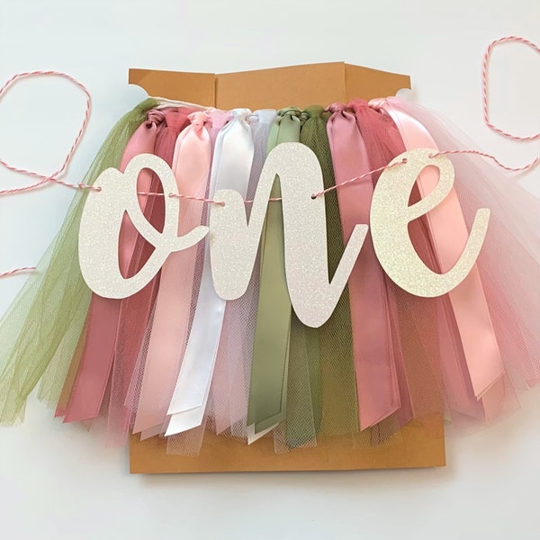 Mauve, Pink, White and Sage One High Chair Tutu Skirt Banner, Birthday Banner, Smash Cake Garland, 1st Birthday Photo Backdrop SG