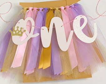 Pink Gold and Purple High Chair Banner. Princess Party First Birthday Banner. 1st Birthday Photo Backdrop. One Banner. LV