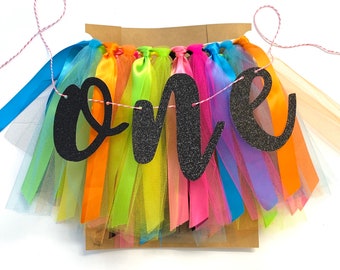 Neon 80’s style One High Chair Tutu Skirt Banner, Rainbow Birthday Banner, Smash Cake Garland, 1st Birthday Photo Backdrop