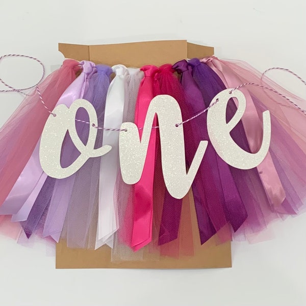 Plum, Fuchsia and Mauve One High Chair Tutu Skirt Banner, Bright Colors Birthday Banner, Smash Cake Garland, 1st Birthday Photo Backdrop