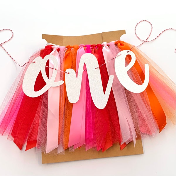 Red, Orange and Hot Pink One High Chair Tutu Skirt Banner, Birthday Banner, Smash Cake Garland, 1st Birthday Photo Backdrop ELPK