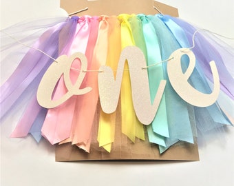 Pastel Rainbow High Chair Banner. First Birthday Banner. Smash Cake Photo Prop. 1st Birthday Photo Backdrop. One Banner.