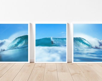 Blue Wave Set of 3, Printable Surf Art, Ocean Poster Set, Set of 3 Beach Art, surf decor,3 Coastal Prints,