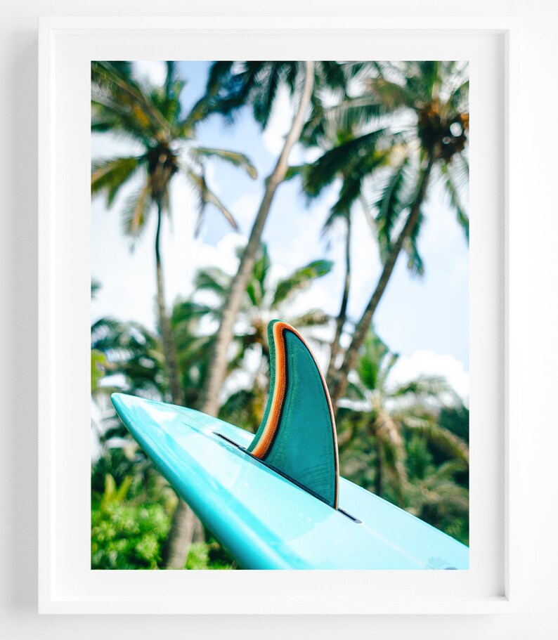 K&ouml;nnte beinhalten: Eine t&uuml;rkisfarbene Surfboard-Finne mit orangefarbenen und gr&uuml;nen Streifen vor einem Hintergrund aus Palmen.