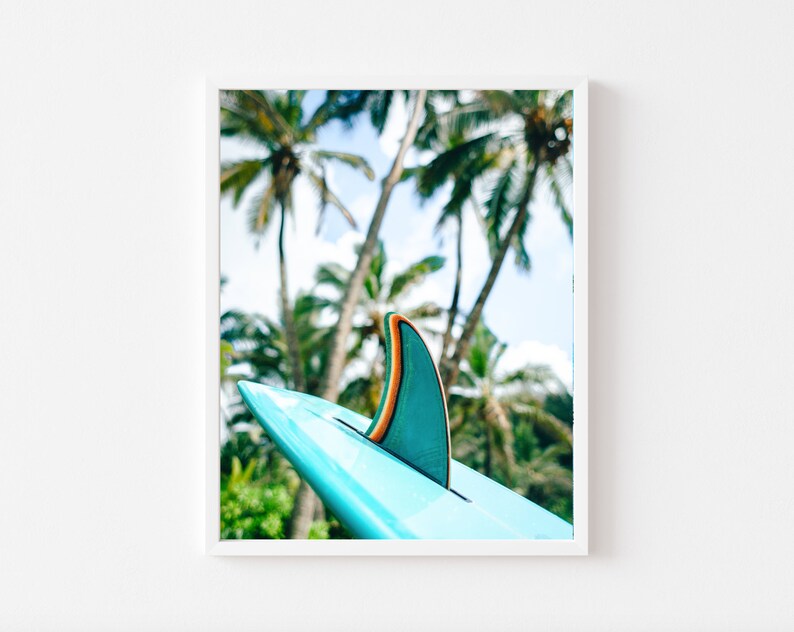 May include: A teal surfboard fin with an orange stripe against a backdrop of palm trees.